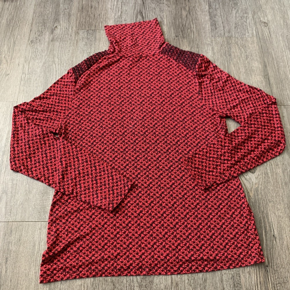 Investments Red Black Abstract Turtleneck Blouse XL Womens Long Sleeve Top